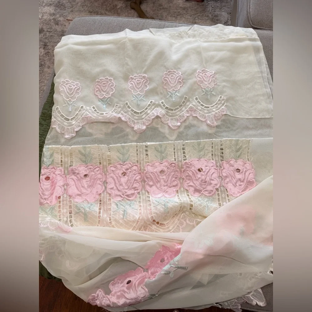 Vintage Sheer Curtains – Pink Rose Embroidered Floral Lace, Cottagecore